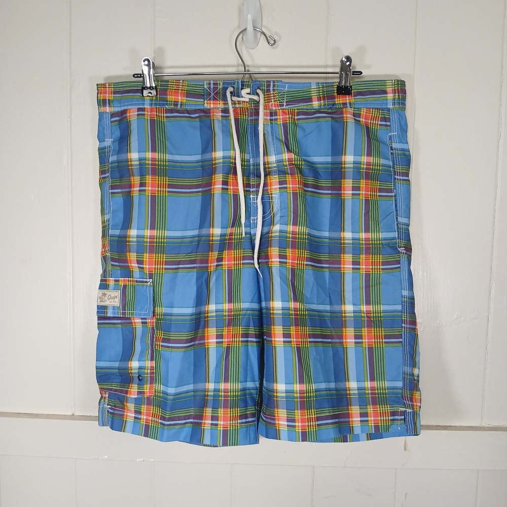 Chaps Swim Trunks Mens Medium Blue Plaid Cargo Pocket Board Shorts